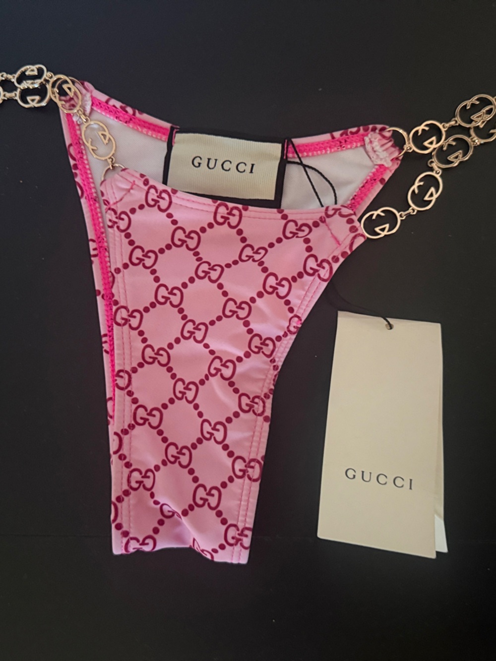 Gucci Pink GG Monogram Bikini Bottom with Gold Chain Links